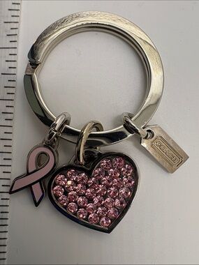 Coach Pink Crystal Heart & Ribbon Keychain Charm with Silver Hardware